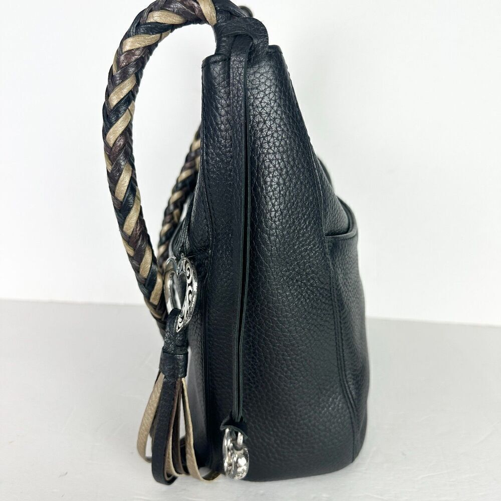 Brighton Barbados Ziptop Hobo Bag Pebbled Leather Black Braided Strap - Picture 3 of 12